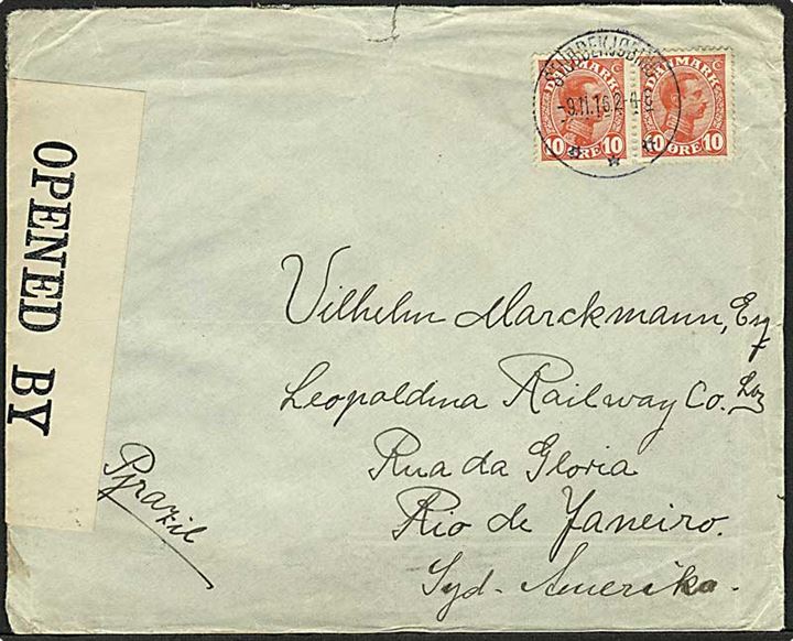10 øre Chr. X i parstykke på brev fra Stubbekjøbing d. 9.11.1916 til Rio de Janeiro, Brasilien. Åbnet af britisk censur.
