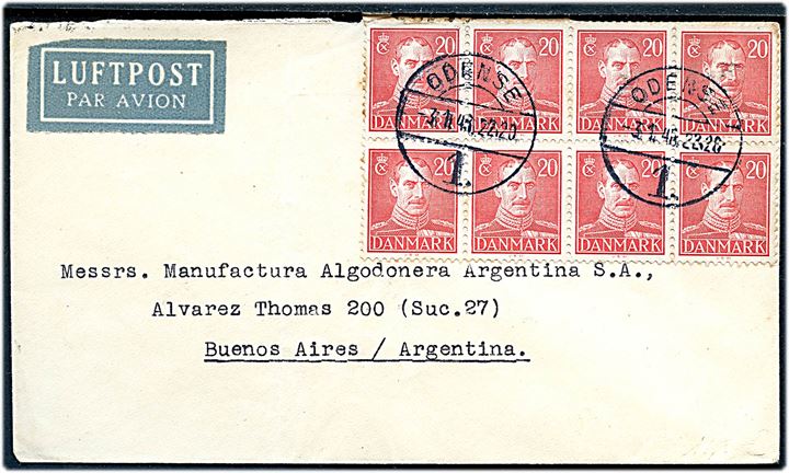 20 øre Chr. X i 8-blok på luftpostbrev fra Odense d. 3.1.1946 til Buenos Aires, Argentina.