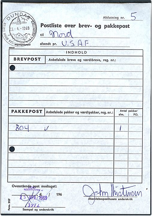 Postliste over brev- og pakkepost, formular Form. 2127, fra Dundas d. 23.4.1969 for afslutning nr. 5 med U. S. Air Force til Station Nord. Ank.stemplet med trodatstempel Nord Poststation / 3972 d. 25.4.1969.