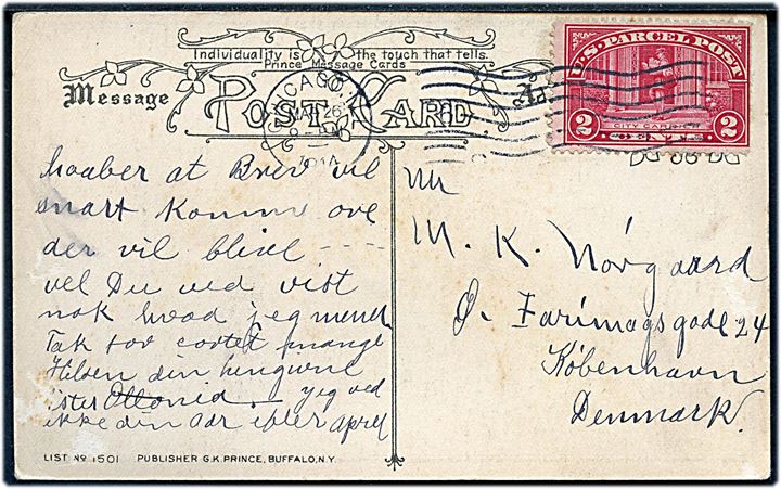 2 cents U. S. Parcel Post anvendt som frankering på brevkort fra Chicago d. 26.5.1914 til København, Danmark.