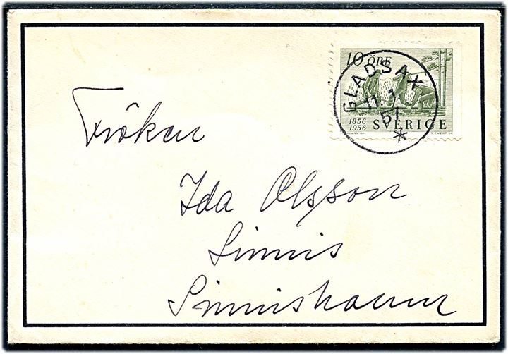 10 öre Jernbanejubilæum single på sørgekuvert sendt som tryksag fra Gladsax d. 11.1.1957 til Simrishamn.