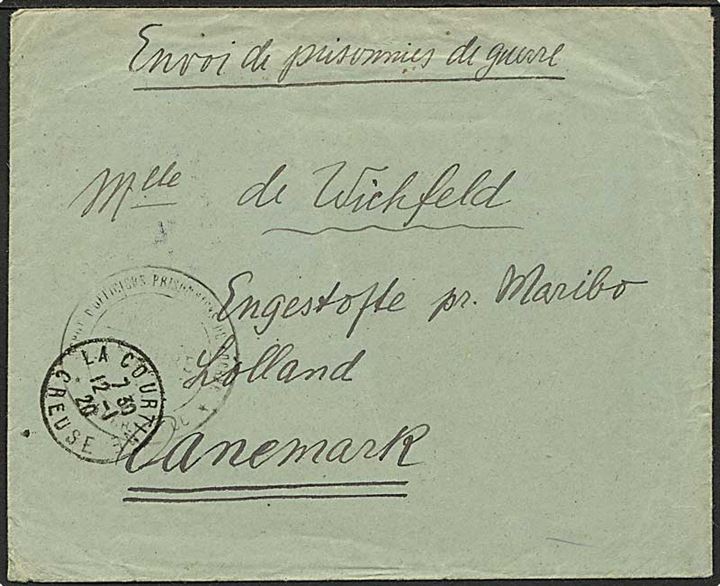 Ufrankeret krigsfangebrev fra La Courtine d. 12.1.1920 til Engestofte pr. Maribo, Danmark. Fra tysk krigsfange i Frankrig.