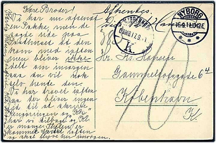 Ufrankeret brevkort fra Nyborg d. 16.9.1911 til Kjøbenhavn. Udtakseret i 10 øre porto og påskrevet Afhentes med brotype Vi Kjøbenhavn K. 0.OMB. (søndag).