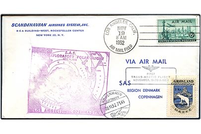 15 cents Luftpost på SAS 1.-flyvningskuvert fra Los Angeles d. 19.11.1952 til København, Danmark. Påsat 2 kr. Grønlandshjælpen mærke stemplet First Trans-Arctic Flight November 19-20th 1952.