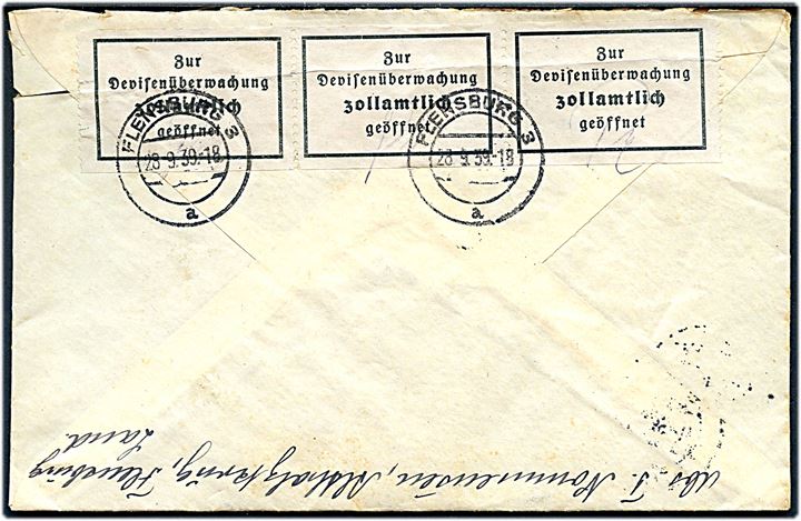 25 pfg. Hindenburg på brev annulleret Flensburg d. 28.9.1939 og sidestemplet Neuholzkrug über Flensburg til Haderslev, Danmark. Brevet er åbnet af tysk toldkontrol i Flensburg d. 28.9.1939. Sendt umiddelbart inden krigsudbruddet, så toldkontrol kan være maskeret postcensur. 