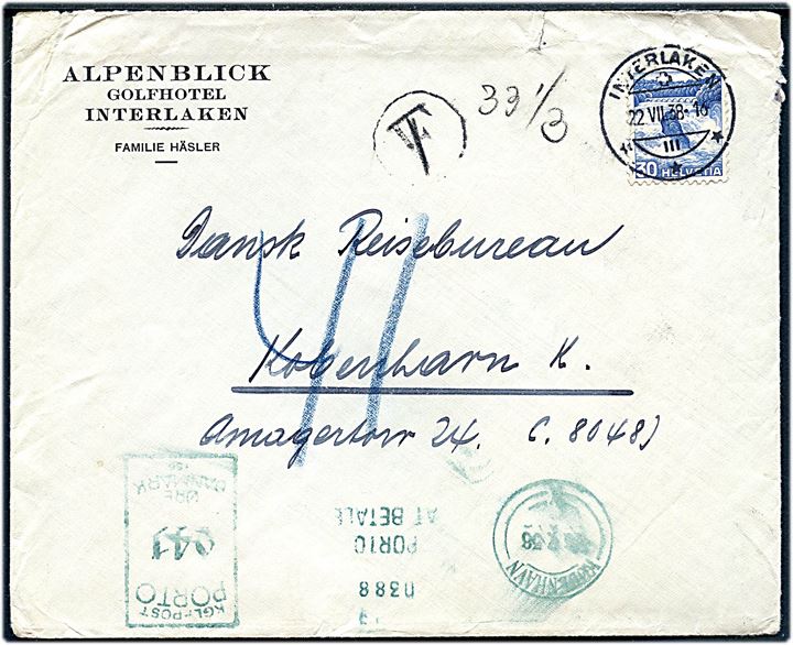30 c. på underfrankeret brev fra Interlaken d. 22.7.1938 til København, Danmark. Udtakseret i porto med T stempel og 41 øre grønt portomaskinstempel i København d. ?.7.1938.