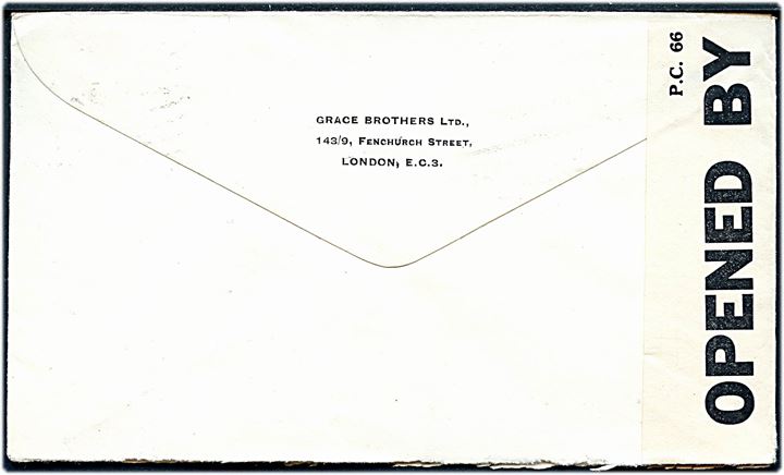 2½d George VI med perfin GBLD på firmakuvert fra Grace Brothers Ltd. i London d. 15.12.1939 til København, Danmark. Åbnet af tidlig britisk censur PC66/559.