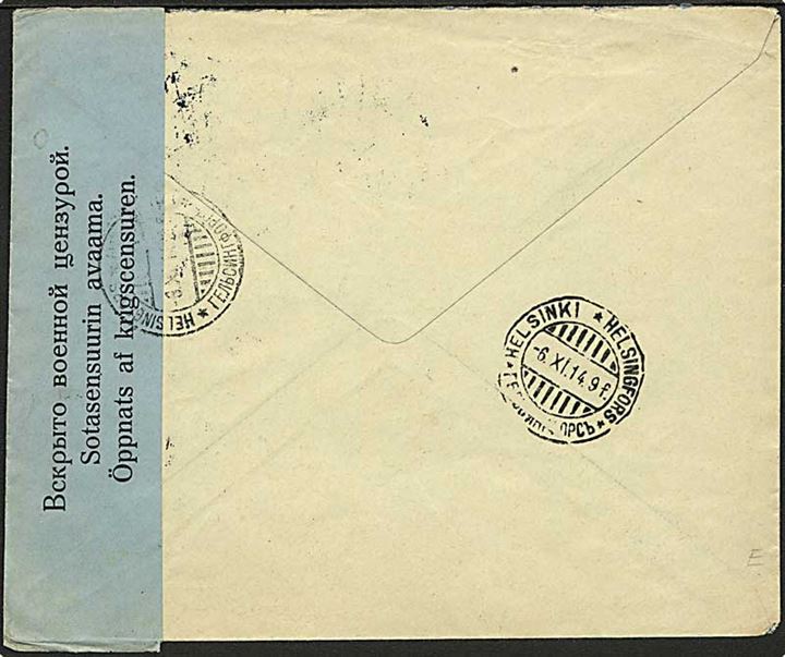 5 øre og 10 øre (3) Chr. X på anbefalet brev fra Kjøbenhavn d. 3.11.1914 til Helsingfors, Finland. Åbnet af russisk censur i Helsingfors.