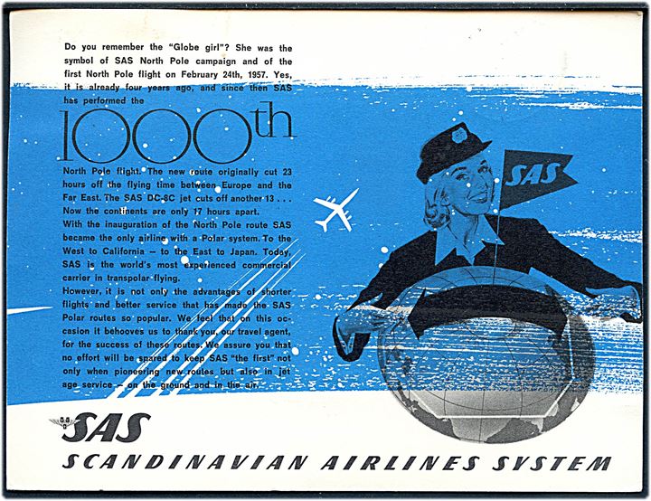 Japansk 10 og 50 sn på særligt SAS luftpostkort fra Tokyo d. 25.2.1961 til København, Danmark. Særligt postkort i anledning af SAS flyvning no. 1000 over Nordpolen.