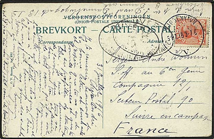 10 øre Chr. X på brevkort fra Kjøbenhavn d. 31.7.1916 til fransk feltpost adresse: Secteur Postal 90. Fransk censur.