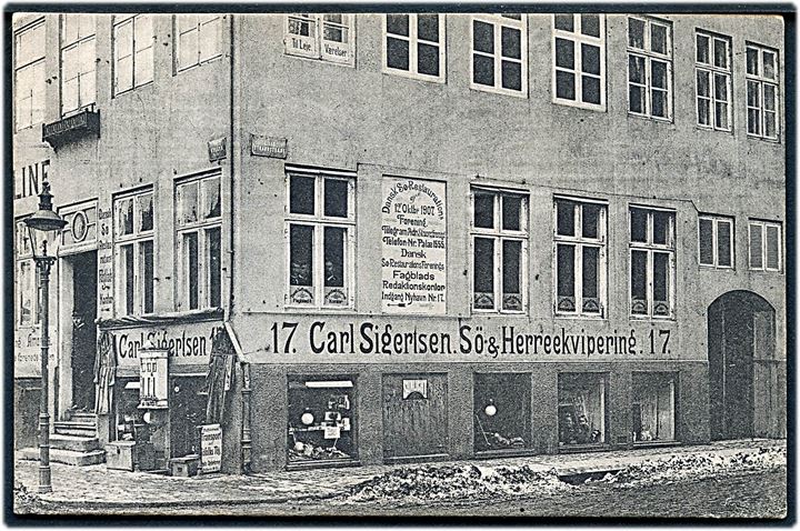 Nyhavn 17 og hj. af Lille Strandstræde med Carl Sigertsen’s Sö & Herreekvipering. No. 20962. Kvalitet 8