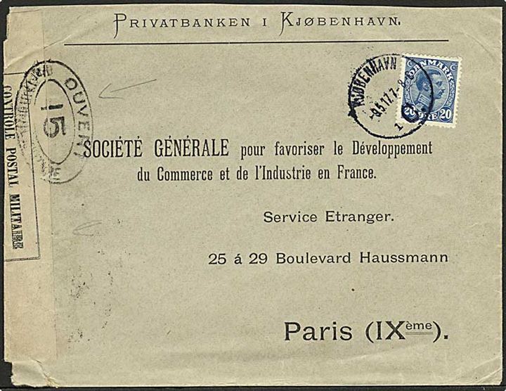 20 øre Chr. X single på brev fra Kjøbenhavn d. 9.5.1917 til Paris, Frankrig. Åbnet af fransk censur.