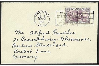 5 c. Cabot Landing single på brev fra Halifax d. 5.6.1950 til Braunschweig, Tyskland.