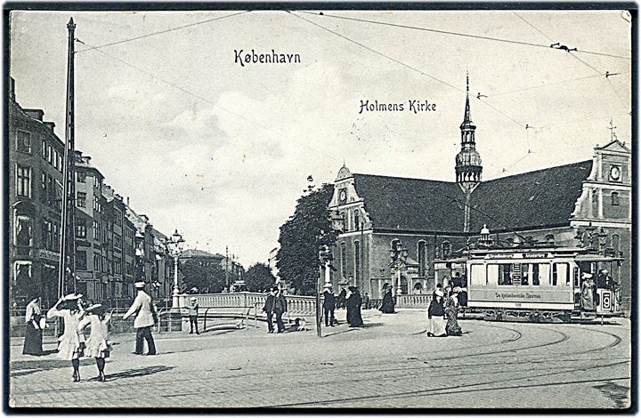 Holmens kirke med sporvogn linie 9. P. Alstrup no. 9099. Kvalitet 9