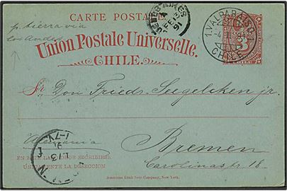 3 c. helsagsbrevkort fra Valparaiso d. 4.2.1891 via Buenos Aires til Bremen, Tyskland. Påskrevet: Pr. tierra via Los Andes.