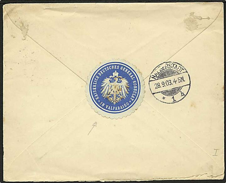 10 c. på brev fra Valparaiso d. 22.8.1904 til Halberstadt, Tyskland. Påskrevet: por via Magallenes para Alamania. På bagsiden lukkeoblat fra Tyske generalkonsulat i Valparaiso.