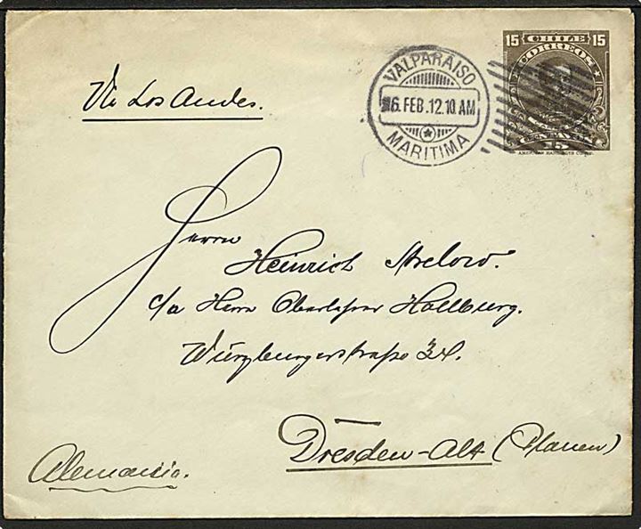15 c. helsagskuvert fra Valparaiso d. 6.2.1912 til Dresden, Tyskland. Påskrevet: via Andes.