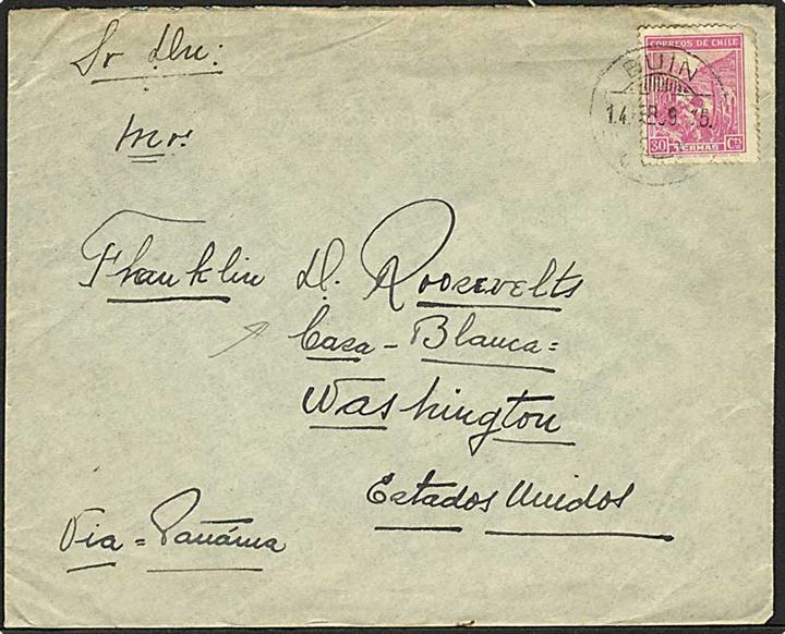 30 c. på brev fra Buin d. 14.2.1939 til præsident Franklin D. Roosevelt, Washington, USA. Påskrevet: via Panama.