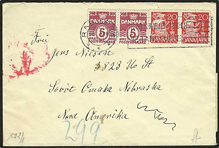 5 øre Bølgelinie (2) og 20 øre Karavel (2) på brev fra Randers d. 16.4.1941 til USA. Åbnet af tysk censur.