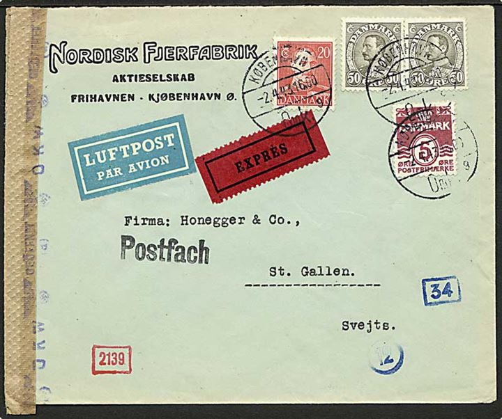 5 øre Bølgelinie, 20 øre og 50 øre (2) Chr. X på luftpost ekspresbrev fra København d. 2.4.1943 til St. Gallen, Schweiz. Åbnet af tysk censur.