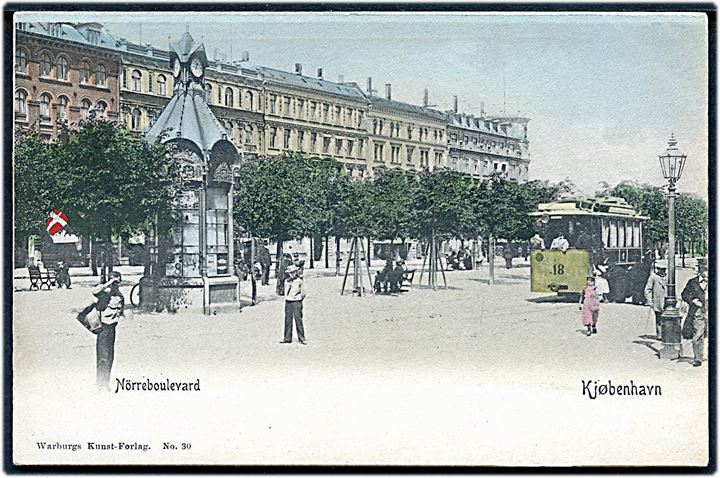 Nørre Boulevard. Kiosk og Sporvogn nr. 18. Warburg no. 30. Kvalitet 9