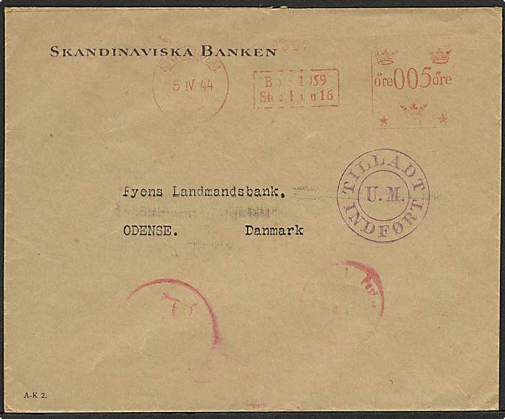 Svensk 5 öre firmafranko frankeret tryksag fra Stockholm d. 5.4.1944 til Odense, Danmark. Dansk tryksagskontrol Tilladt / U.M. / Indført og rødt P-B stempel.