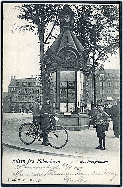 Raadhuspladsen, Aviskiosk med Cykelbud. F. M. & Co. no. 396. Kvalitet 9