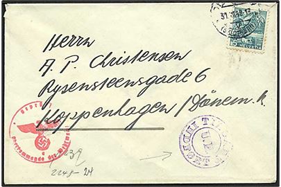 5 c. på tryksag fra Grenchen d. 31.12.1942 til København, Danmark. Tysk censur og dansk tryksagskontrol: Tilladt / U.M. / Indført.