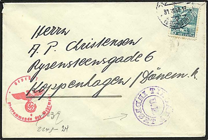 5 c. på tryksag fra Grenchen d. 31.12.1942 til København, Danmark. Tysk censur og dansk tryksagskontrol: Tilladt / U.M. / Indført.