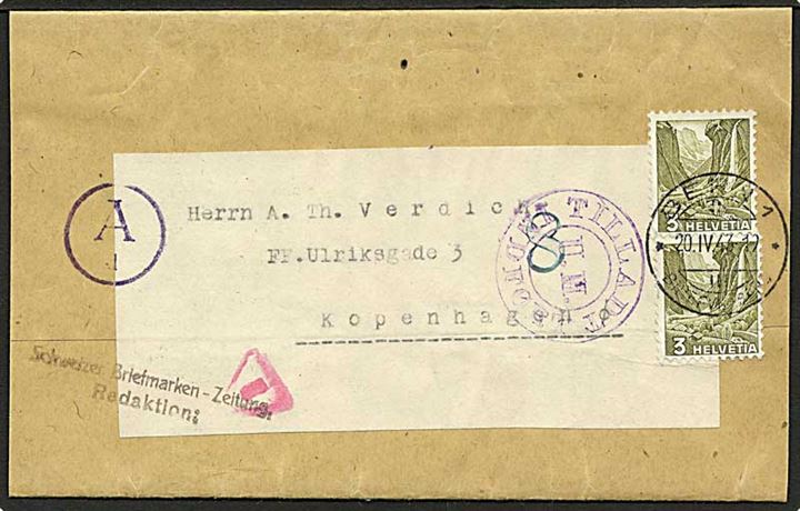 3 c. i parstykke på korsbånd fra Bern d. 20.4.1943 til København, Danmark. Tysk censur Ad og dansk tryksagskontrol: Tilladt / U.M. / Indført.