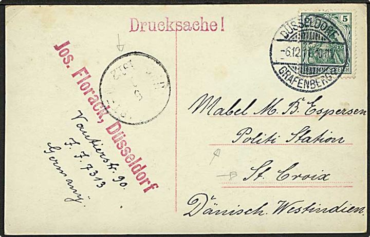 Tysk 5 pfg. Germania på brevkort fra Düsseldorf d. 6.12.1911 til St. Croix, Dansk Vestindien. Ank.stemplet Christiansted d. 5.1.1912.