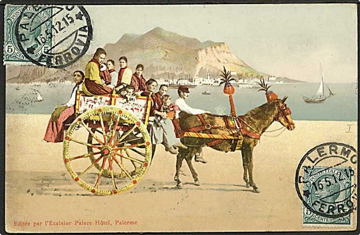 Italiensk 5 c. (2) på billedside af brevkort fra Palermo d. 16.5.1912 til St, Croix, Dansk Vestindien.