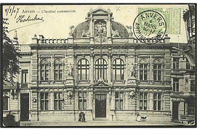 Belgisk 5 c. på billedside af brevkort sendt som tryksag fra Anvers d. 4.3.1907 via St. Thomas til Christiansted, Dansk Vestindien.