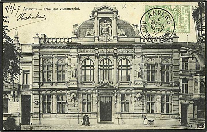 Belgisk 5 c. på billedside af brevkort sendt som tryksag fra Anvers d. 4.3.1907 via St. Thomas til Christiansted, Dansk Vestindien.