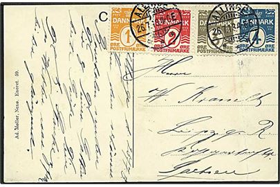 1 øre, 2 øre, 3 øre og 4 øre Bølgelinie på 4-farve frankeret brevkort stemplet Allinge d. 26.7.1913 til Leipzig, Tyskland.