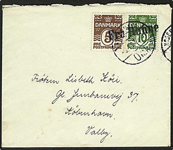 5 øre og 10 øre Bølgelinie på brev annulleret med skibsstempel Fra Rønne og sidestemplet København d. 3.1.1927 til København.