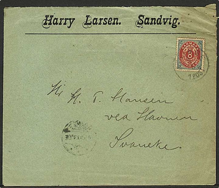 8 øre Tofarvet omv. ramme på brev fra Sandvig annulleret med lapidar Allinge d. 4.5.1893 via Rønne til Svaneke. På bagsiden ank.stemplet med lapidar Svaneke d. 5.5.1893.