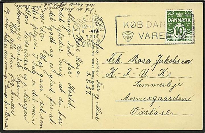 10 øre Bølgelinie på brevkort fra København d. 4.8.1927 til K.F.U.K. Sommerlejr, Annexgaarden, Værløse.
