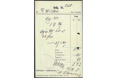 Regning fra Helsingør Toldkammer Formular 13 8000 12.19 dateret d. 18.10.1926.