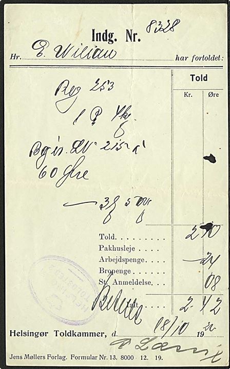 Regning fra Helsingør Toldkammer Formular 13 8000 12.19 dateret d. 18.10.1926.