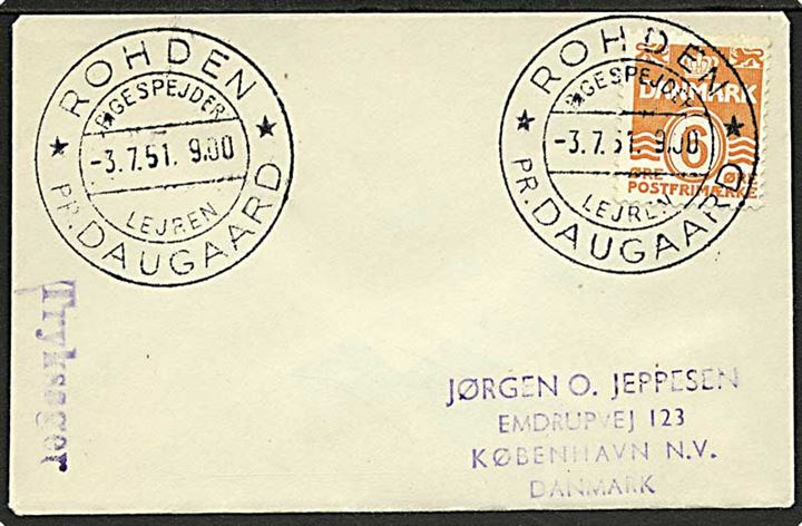 6 øre tryksag annulleret med pr.-stempel Rohden pr. Daugaard / Pigespejder Lejren d. 3.7.1951 til København.
