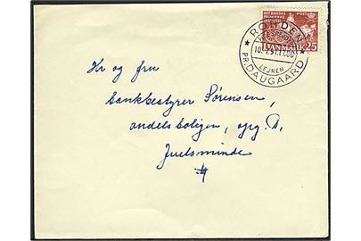 25 øre Postjubilæum på brev annulleret med pr.-stempel Rohden pr. Daugaard / Pigespejder Lejren d. 10.7.1951 til Juelsminde.