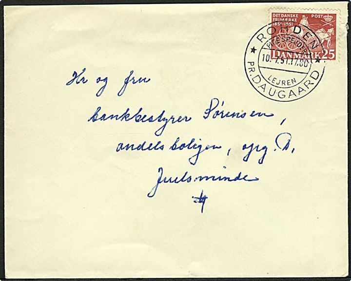 25 øre Postjubilæum på brev annulleret med pr.-stempel Rohden pr. Daugaard / Pigespejder Lejren d. 10.7.1951 til Juelsminde.