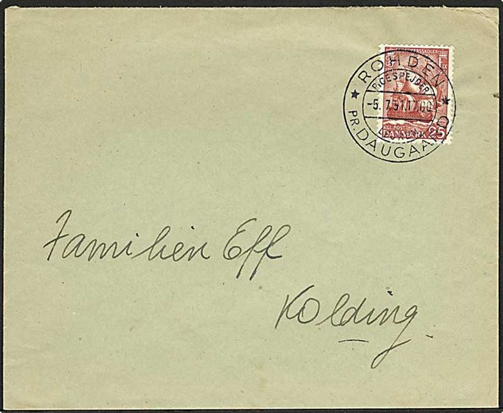 25 øre Søofficerskolen på brev annulleret med pr.-stempel Rohden pr. Daugaard / Pigespejder Lejren d. 5.7.1951 til Kolding.
