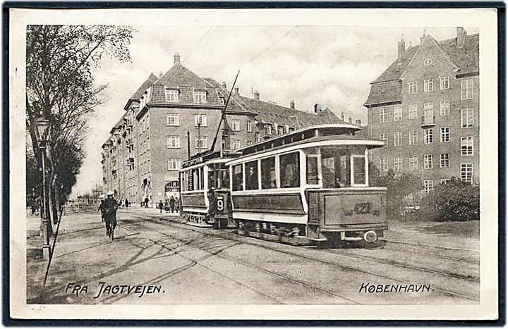 Jagtvej, sporvogn linie 9 nr. 421. Dansk Lystrykkeri no. 1377. Kvalitet 8