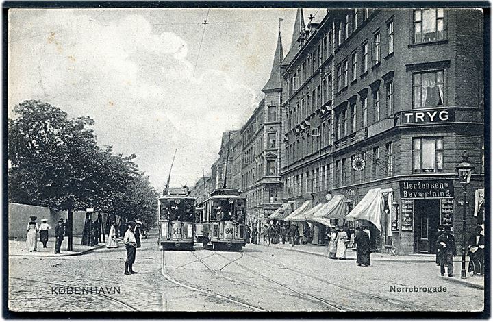 Nørrebrogade med sporvogne, linie 7 nr.141 og linie 5 nr. 84. Stenders no. 3873. Lapidar Maribo 16.6.1906. Kvalitet 8