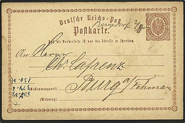 Tysk ½ gr. helsagsbrevkort annulleret med håndskrevet bynavn Bergedorf d. 2.4.1874 til Burg på Fehmarn.