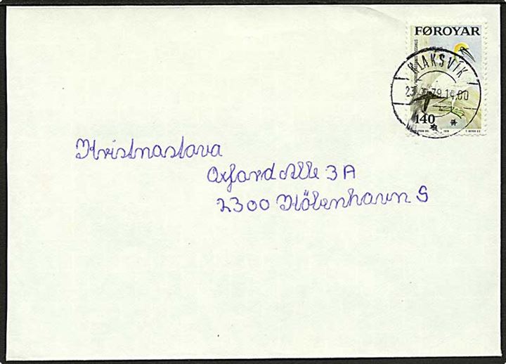1,40 kr. Søfugl på brev fra Klaksvij d. 23.3.1979 til København.
