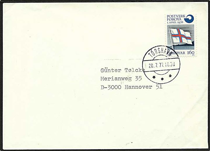 1,60 kr. Selvstændigt Postvæsen på brev fra Tórshavn d. 20.7.1977 til Hannover, Tyskland.