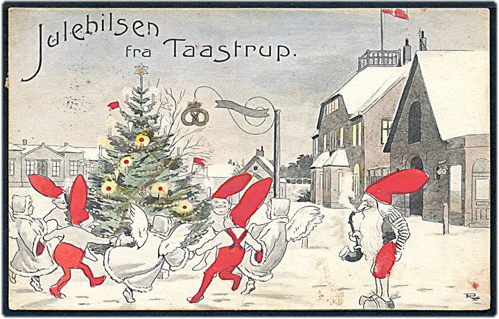 Taastrup, “Nisser i gadebilledet” på torvet. Tegnet af Carl Røgind. C. Nielsen no. 16584. Kvalitet 7
